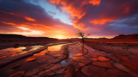 Sunset in the desert of Utah with a lonely tree in the foregroundの素材