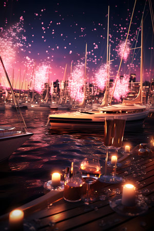 Marina with luxury yachts and fireworks in the background.の素材