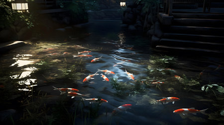 Koi fish in the pond at night. 3d rendering.の素材