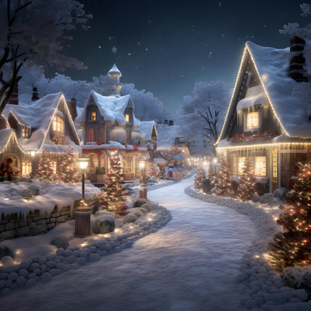 Winter landscape with Christmas trees and houses in the village. 3d renderingの素材