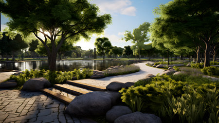 garden with bench in the park at sunset,3d renderの素材