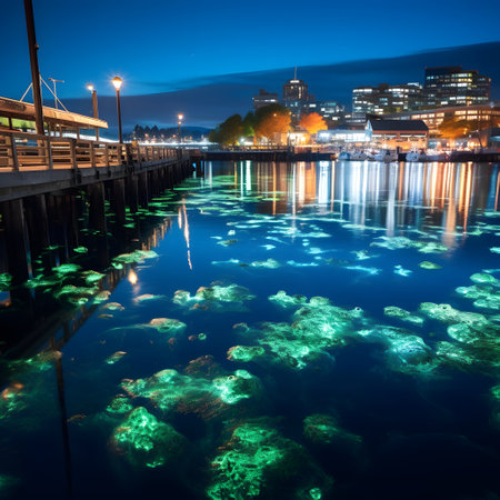 Boston Harbor at night, Massachusetts, USA. Long exposure image.の素材