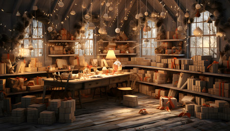 3d illustration of a room in the attic with Christmas decorations.の素材