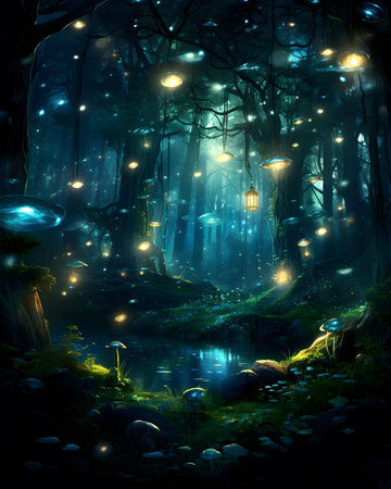 Fantasy forest with trees and lanterns at night, 3d illustrationの素材