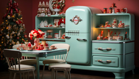Vintage blue refrigerator in the kitchen with Christmas tree in the backgroundの素材