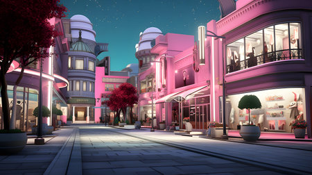 Illustration of a night city street with shops and restaurants, 3d renderの素材