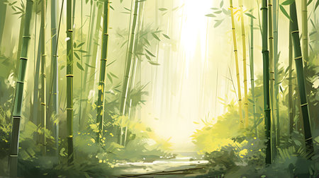 Bamboo forest background. Digital art painting with sunlight effect. Vector illustration.の素材