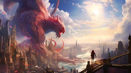 Fantasy scene with dragon and cityscape. 3D rendering.の素材