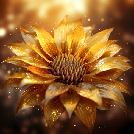 Close up of sunflower with golden petals on blurred background.の素材