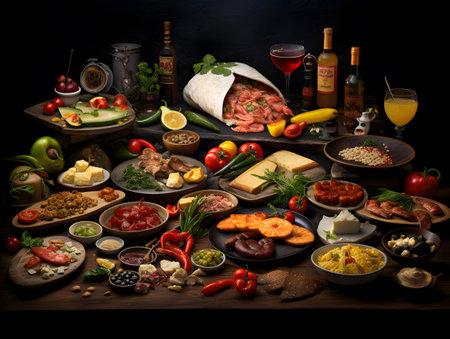 Traditional Turkish cuisine. Traditional assorted Turkish dishes and appetizers. Top view.の素材