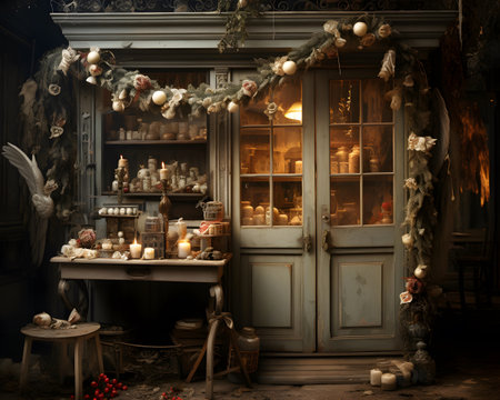 Interior of an old house with a fireplace and Christmas decorations.の素材