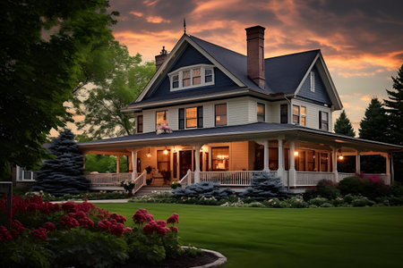 House in the garden with beautiful view of the roof and lawn.の素材
