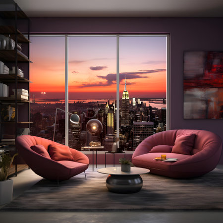 Modern living room interior design with red armchairs, coffee table and city view. 3D renderingの素材