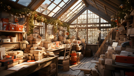 Christmas decoration in a shop, Christmas tree, gifts, toys, boxesの素材