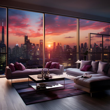 Modern living room with panoramic window overlooking the city. 3D renderingの素材