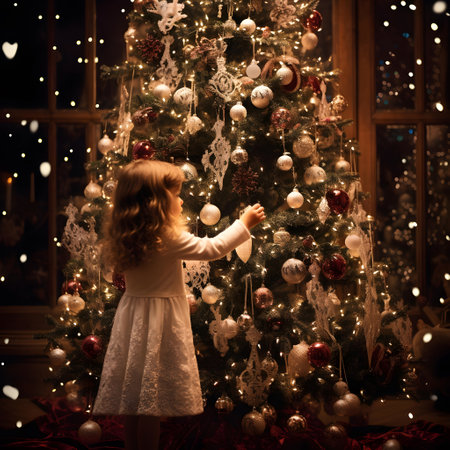 Little girl decorating Christmas tree at home. Christmas and New Year concept.の素材