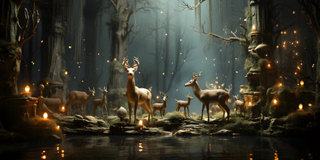 3D rendering of a fantasy forest with deer and moonlight.の素材