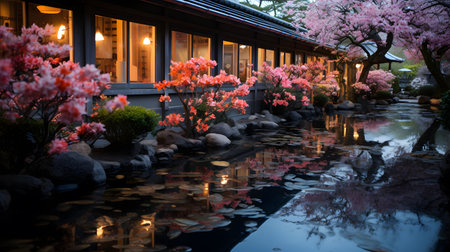Japanese garden with cherry blossoms and lanterns at night in Tokyo, Japanの素材
