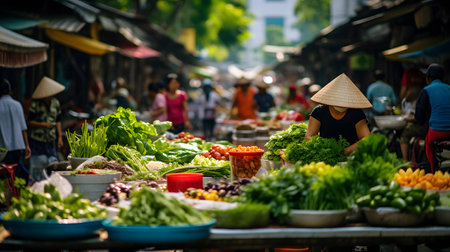 Vietnamese woman selling vegetables and fruits at a market in Vietnamの素材