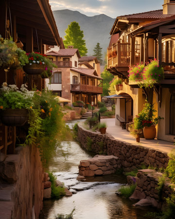 Street view of a small town with wooden houses in the mountains.の素材