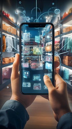 Smartphone in a hand on a background of the store with different goodsの素材