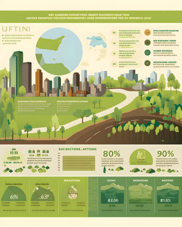 Ecology infographics set with green city landscape in flat style vector illustrationの素材