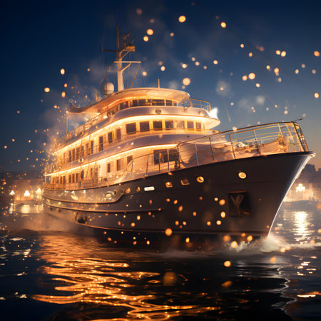 Luxury yacht on the water at night. 3d renderingの素材