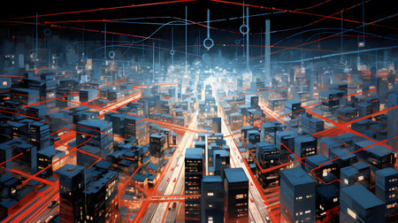 Modern cityscape and network connection concept. 3d rendering double exposureの素材