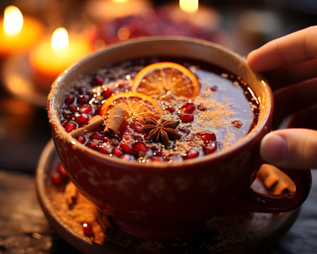 Cup of hot mulled wine with spices on wooden table, closeupの素材