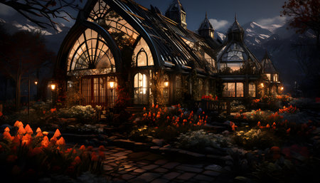 3D rendering of a beautiful gothic garden at night.の素材