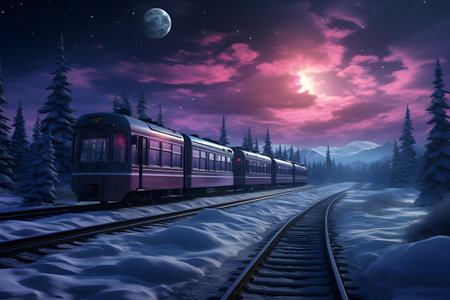 Train on the railway in winter forest at night with moon and starsの素材
