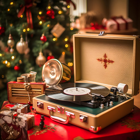 Vintage turntable with Christmas gifts and Christmas tree in backgroundの素材