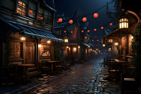 3D render of a street at night with lanterns and housesの素材