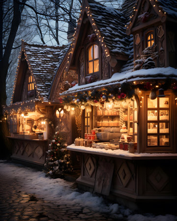Christmas and New Year in the village. Wooden houses decorated for Christmas.の素材