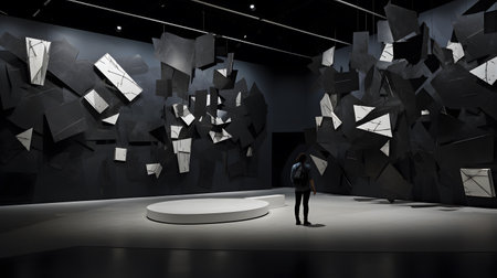 Businessman looking at abstract black and white wall. 3D renderingの素材