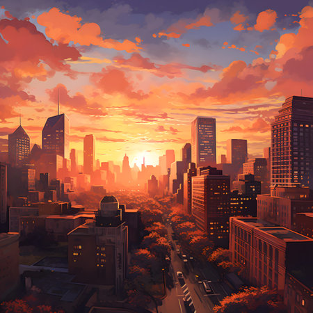 City at sunset. Cityscape with skyscrapers and buildings. Vector illustrationの素材