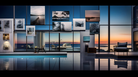 3d rendering of a modern living room with a beautiful view of the seaの素材