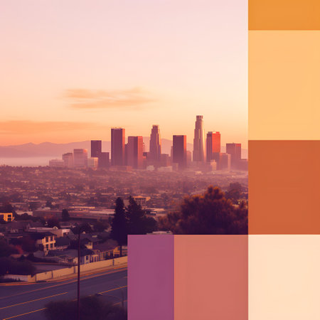 Sunset over Los Angeles skyline, California, USA. Collage.の素材