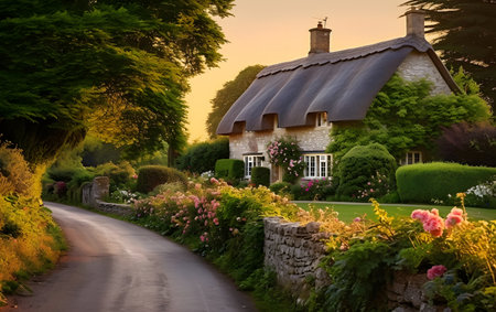 Beautiful cottage in the English countryside at sunset, England, UKの素材