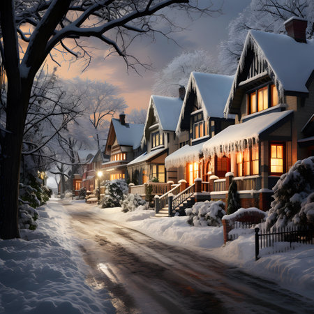Winter landscape with the image of a snowy street and houses at nightの素材