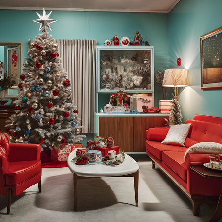 Christmas living room with a red sofa and a Christmas tree. 3d renderingの素材