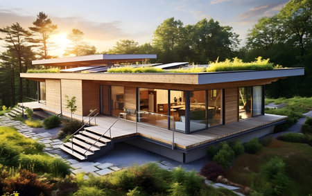 3d rendering of modern cozy house with garage and pool for sale or rent with wood plank facade.の素材