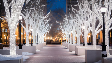 Winter street at night with decorations, lights, benches and trees.の素材