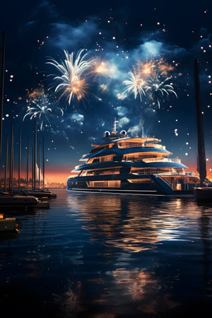 Luxury yachts and fireworks in the harbor at nightの素材