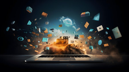 Conceptual image with media icons flying out of a laptop screenの素材