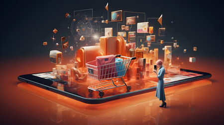 Online shopping concept with 3d rendering shopping cart and tablet on orange backgroundの素材
