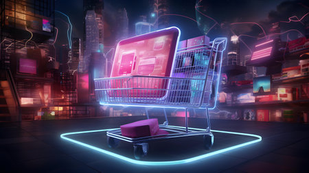 Digital composite of Laptop with shopping cart in front of night cityの素材