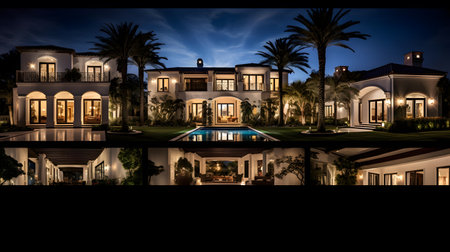 3D rendering of a luxury house with swimming pool at night.の素材