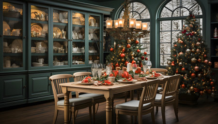 Christmas dining room interior with Christmas tree and presents. 3d renderingの素材