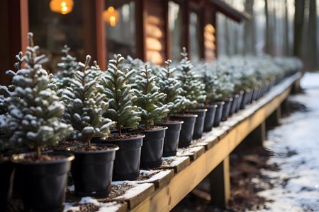 Potted spruce trees in a row on a wooden terraceの素材